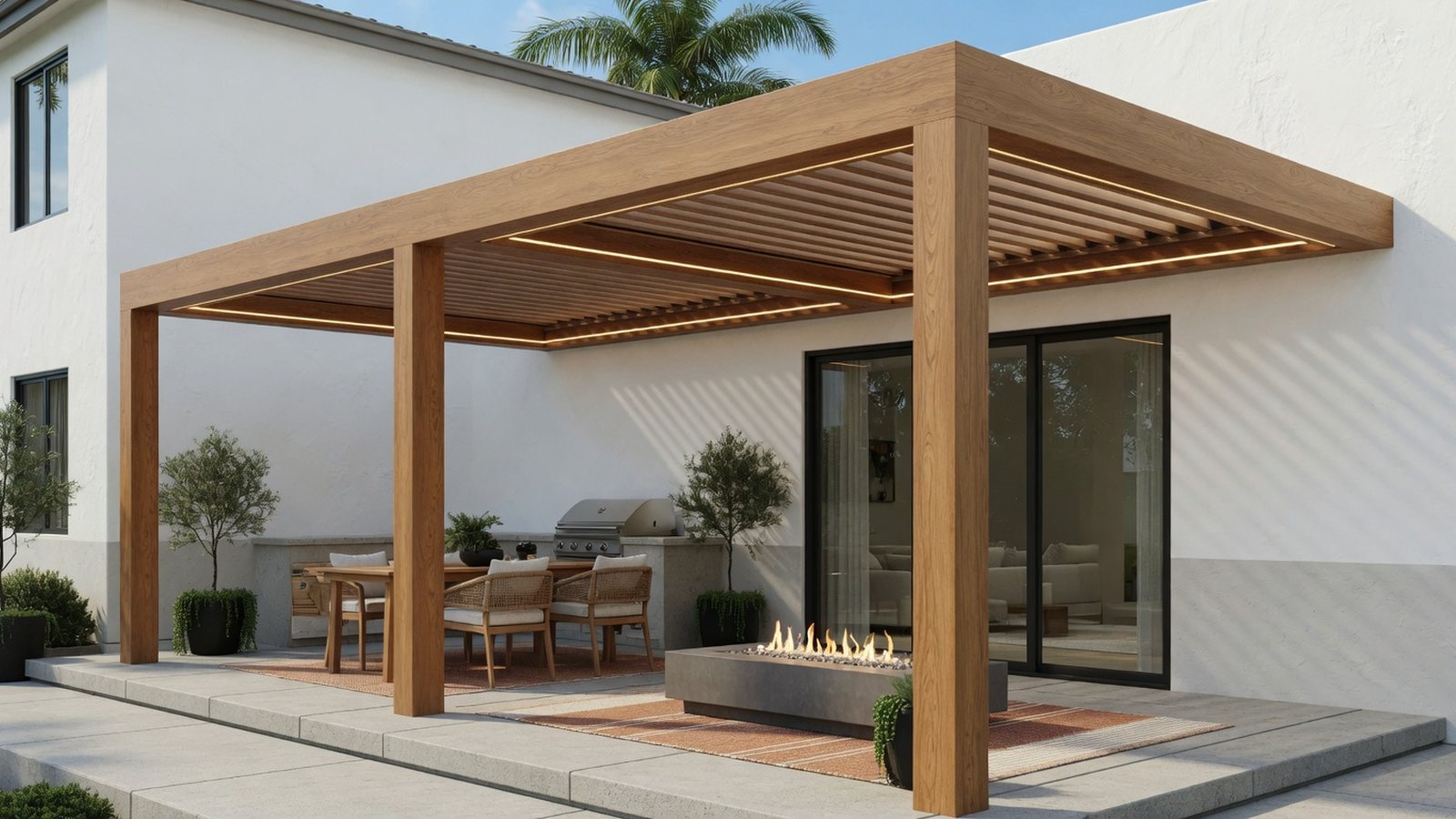Freestanding pergola framing an outdoor living room with warm wood tones and coastal landscaping