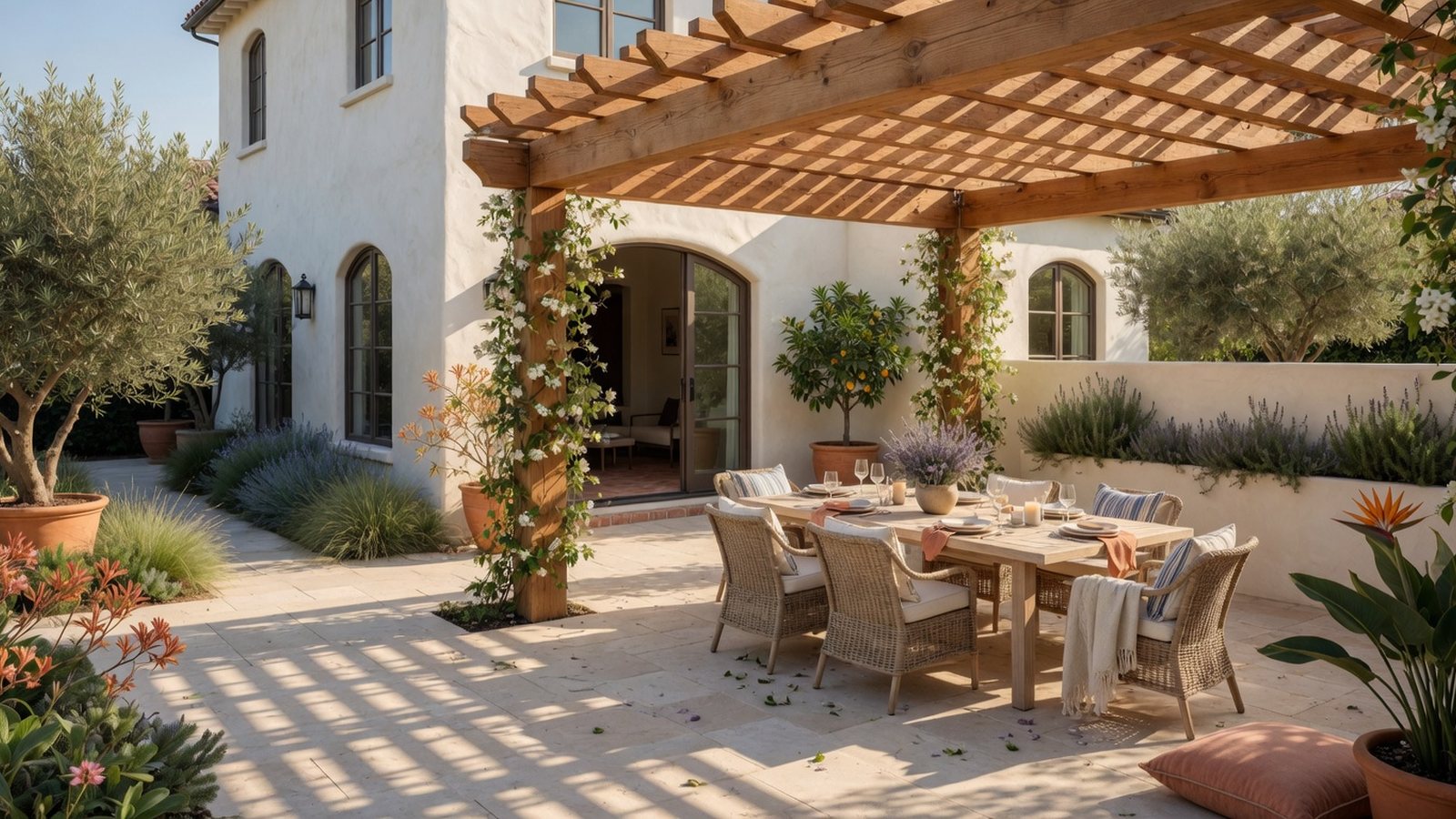 Warm wood pergola casting shade over an outdoor dining space in Southern California