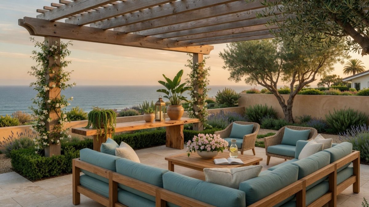 Freestanding pergola framing an outdoor living room with warm wood tones and landscaping
